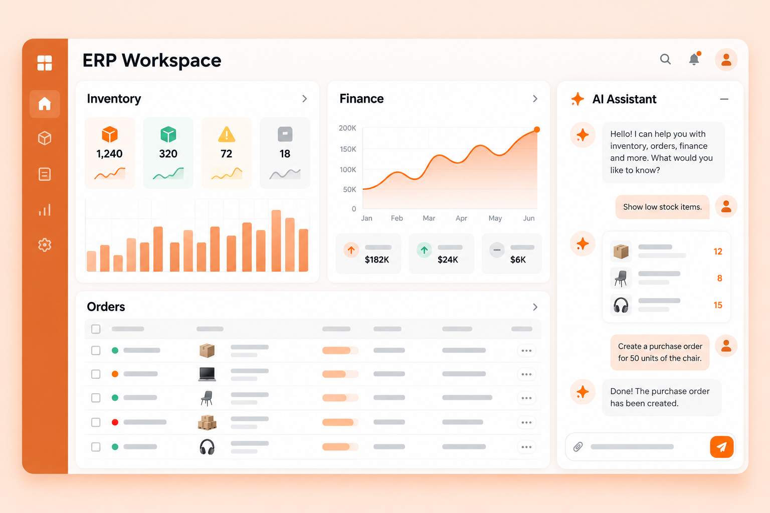 Concept illustration of an ERP dashboard with an AI assistant